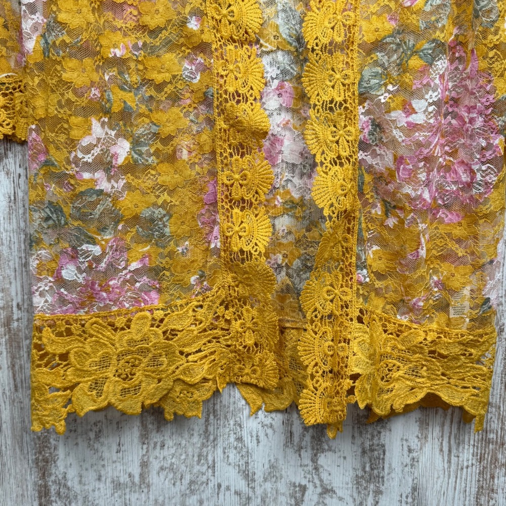 Jolie & Joy Floral Lace Kimono Cardigan Yellow Pink Bell Sleeve Large Feminine - Picture 9 of 12